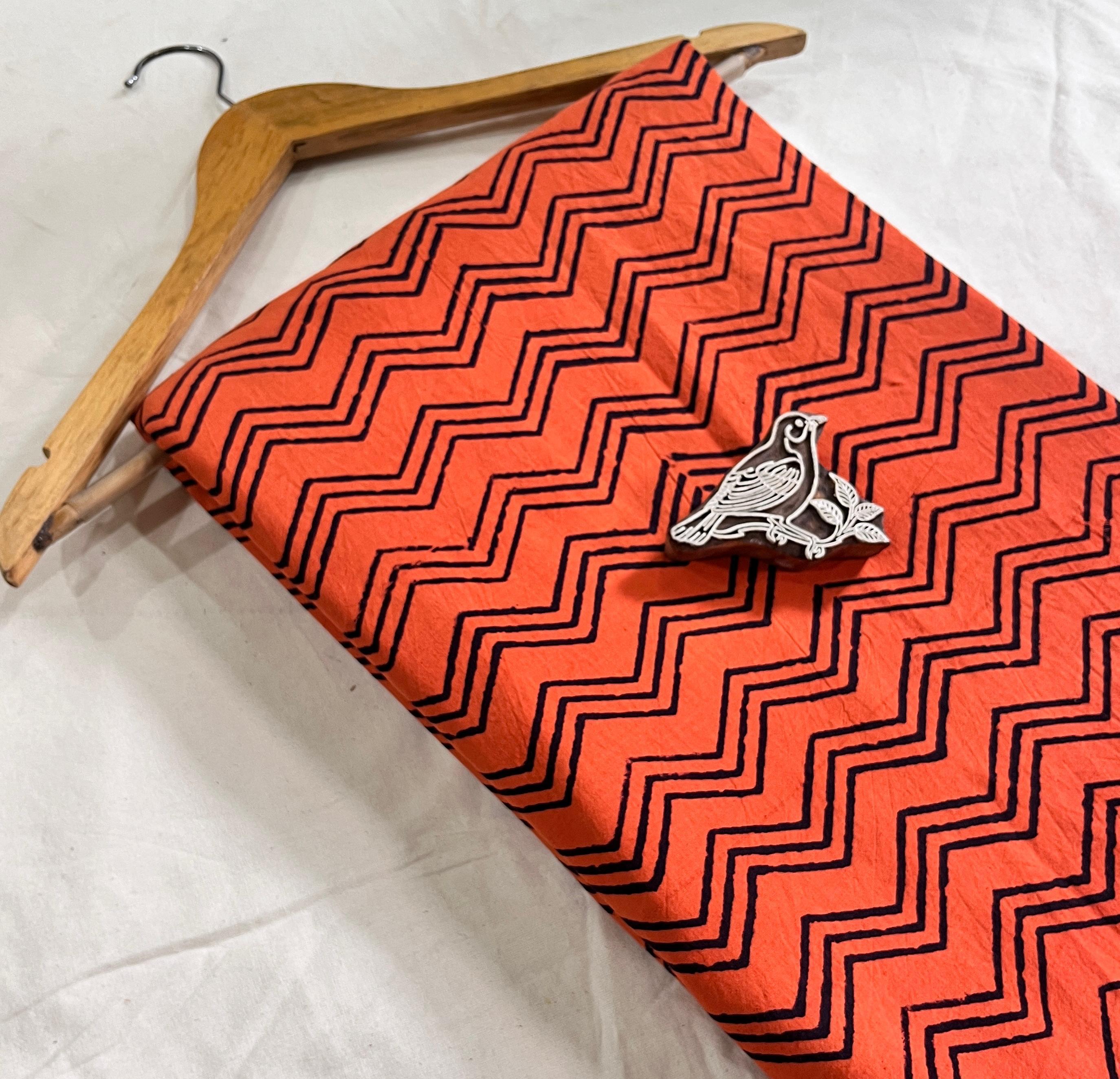 Wholesale Dabu Handblock Printed Cotton Fabric – Orange Zigzag design, artisan handblock, perfect for wholesalers and manufacturers